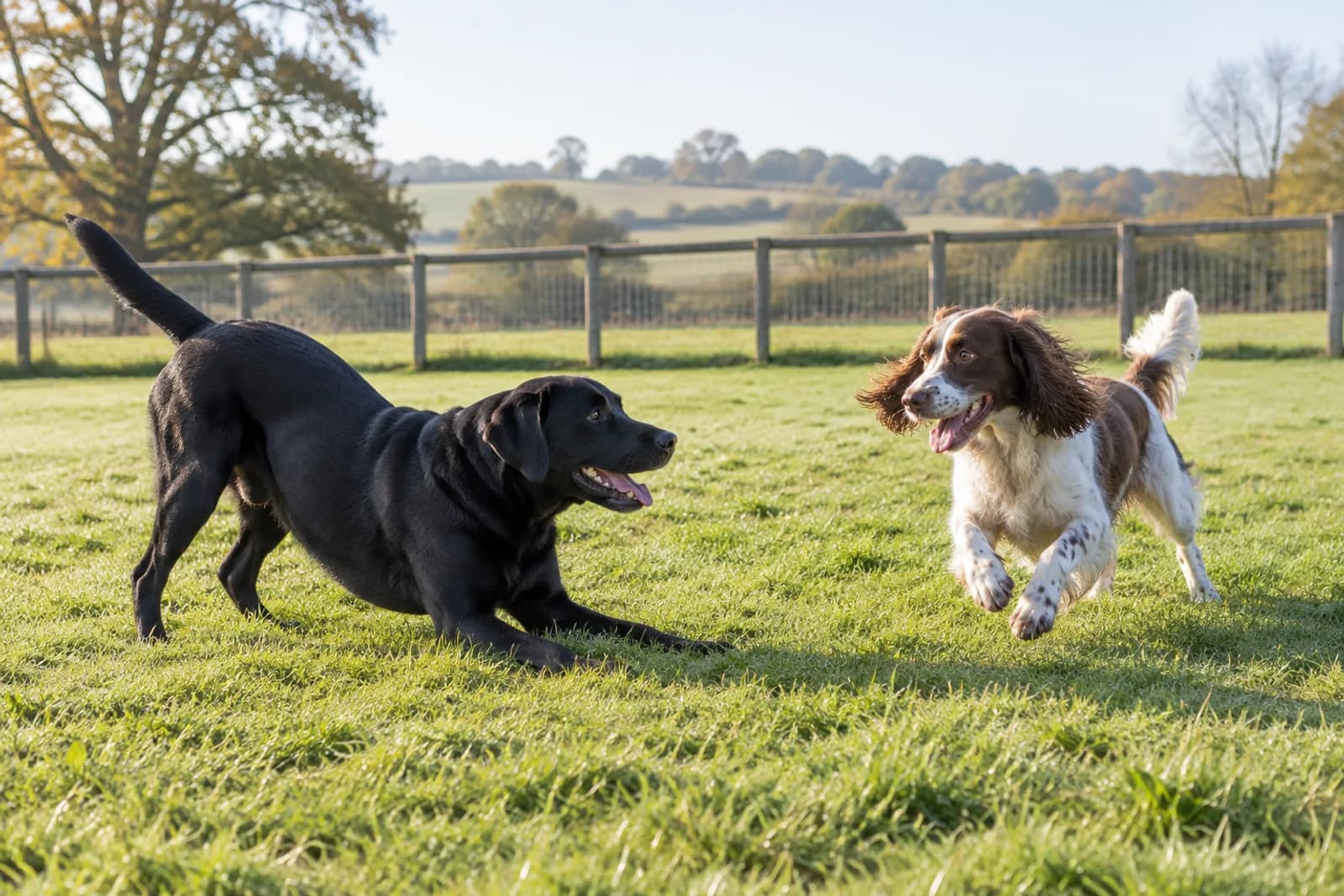A Labrador and spaniel playing with relaxed body language in a secure field