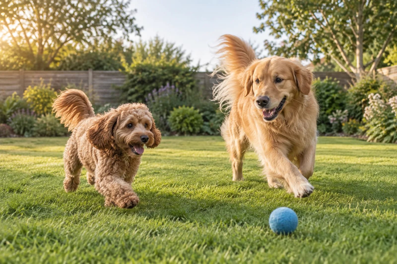 Two familiar dogs playing in a secure garden