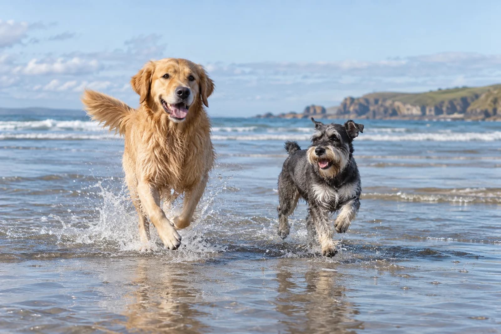 A golden retriever and schnauzer enjoying a happy coastal walk together