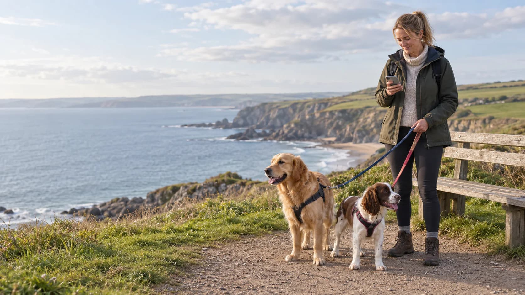 A woman checking her phone beside her golden retriever and spaniel on a coastal path