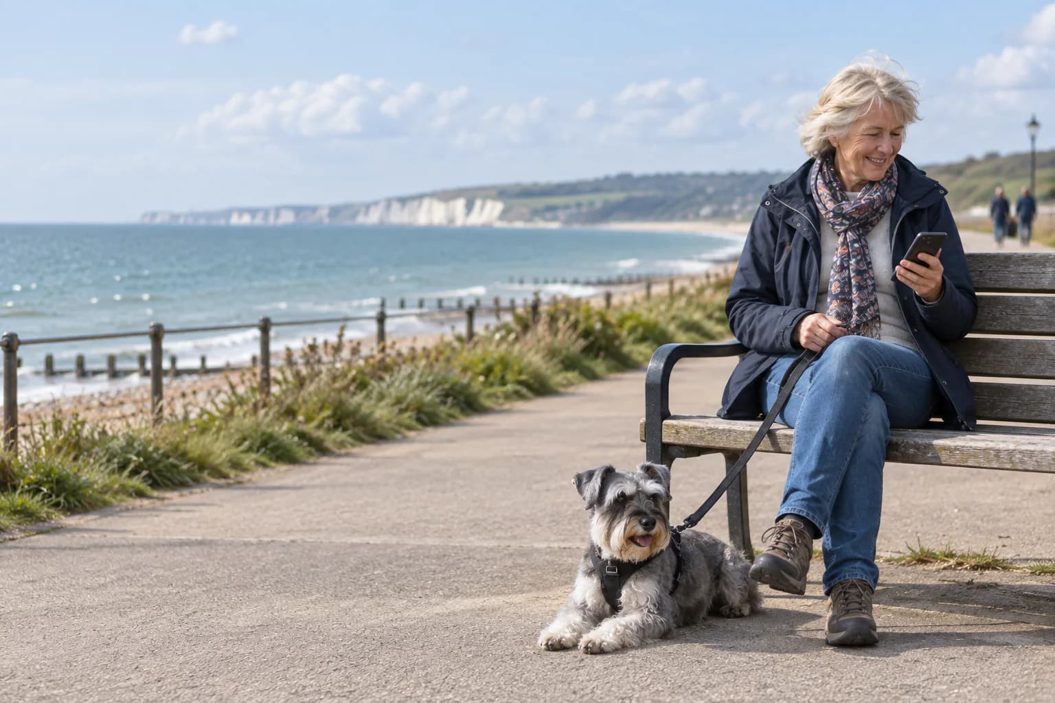 A Pawshare member reading helpful guidance beside her schnauzer