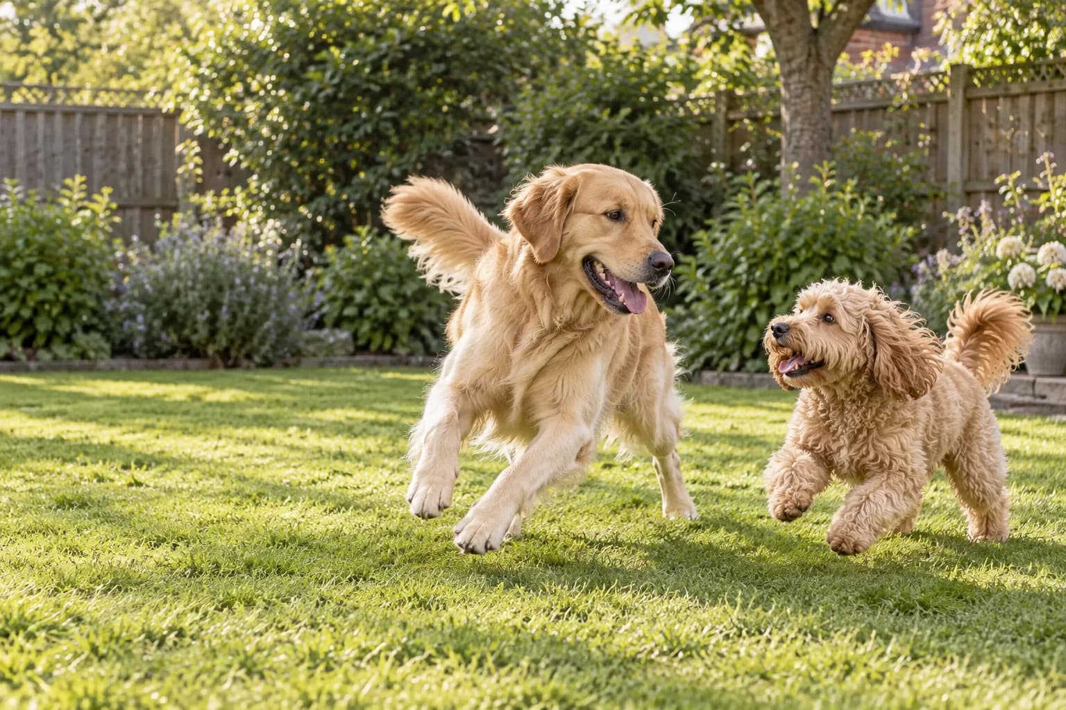 Two familiar dogs playing happily together in a secure field