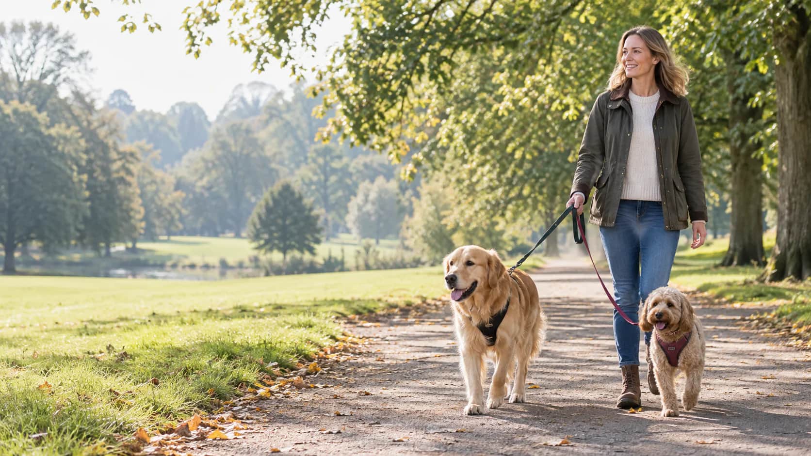 A woman walking a golden retriever and cockapoo through a leafy British park
