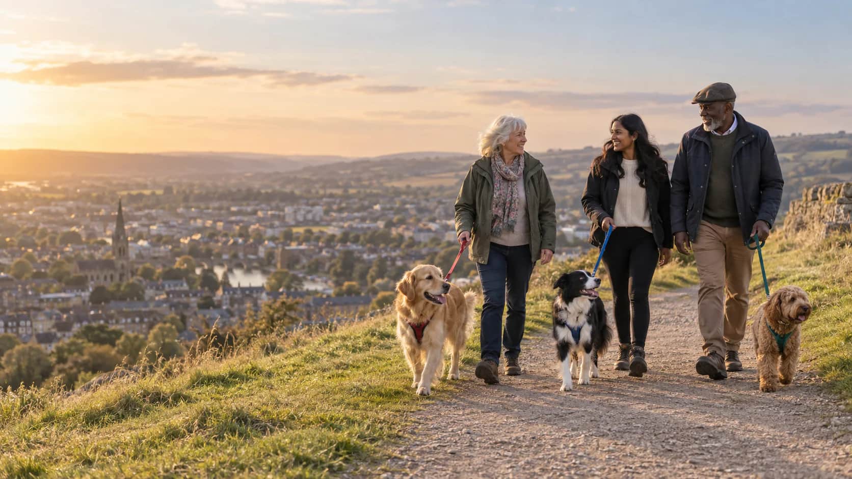 Neighbours and their dogs walking above a British town