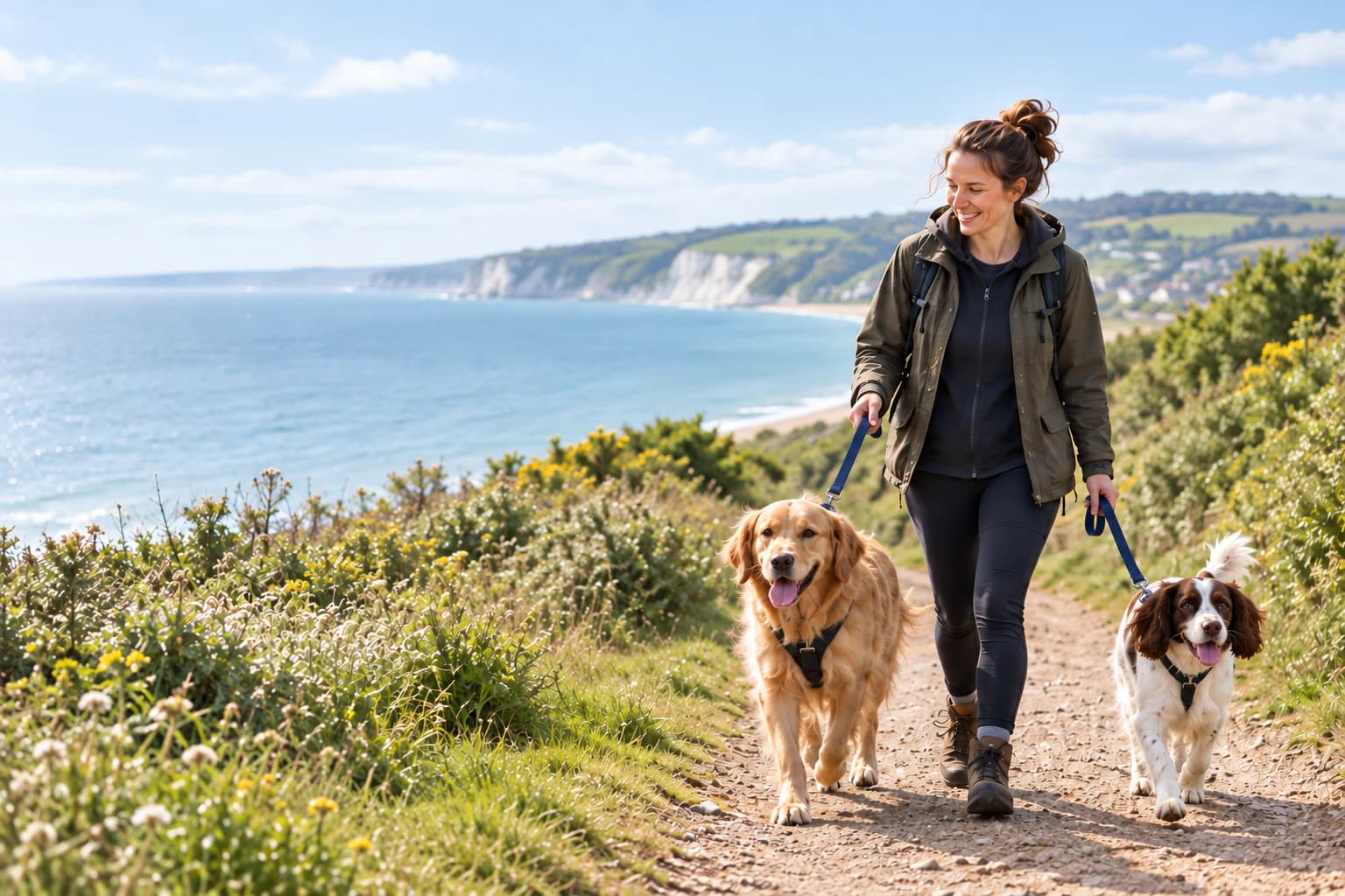 A professional dog carer safely walking a golden retriever and springer spaniel on a coastal path