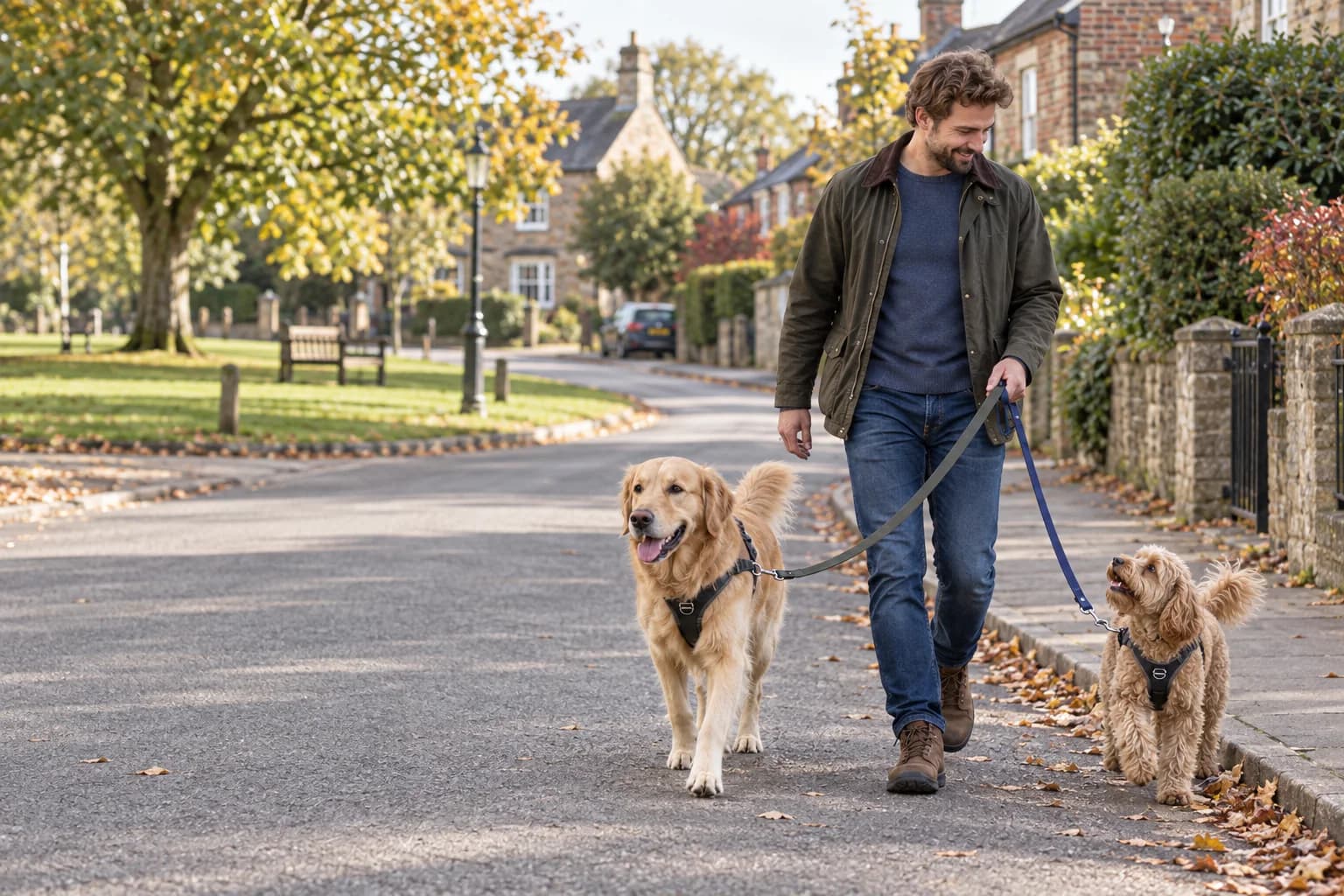 A local man walking his golden retriever and cockapoo through a British neighbourhood