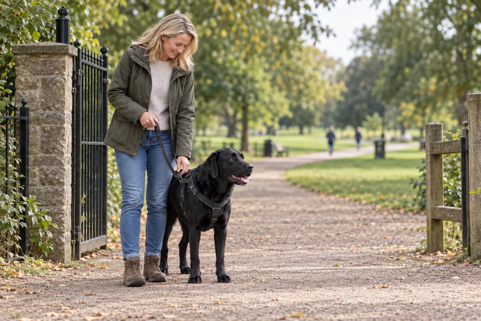 A dog owner checking her Labrador's harness before a public walk