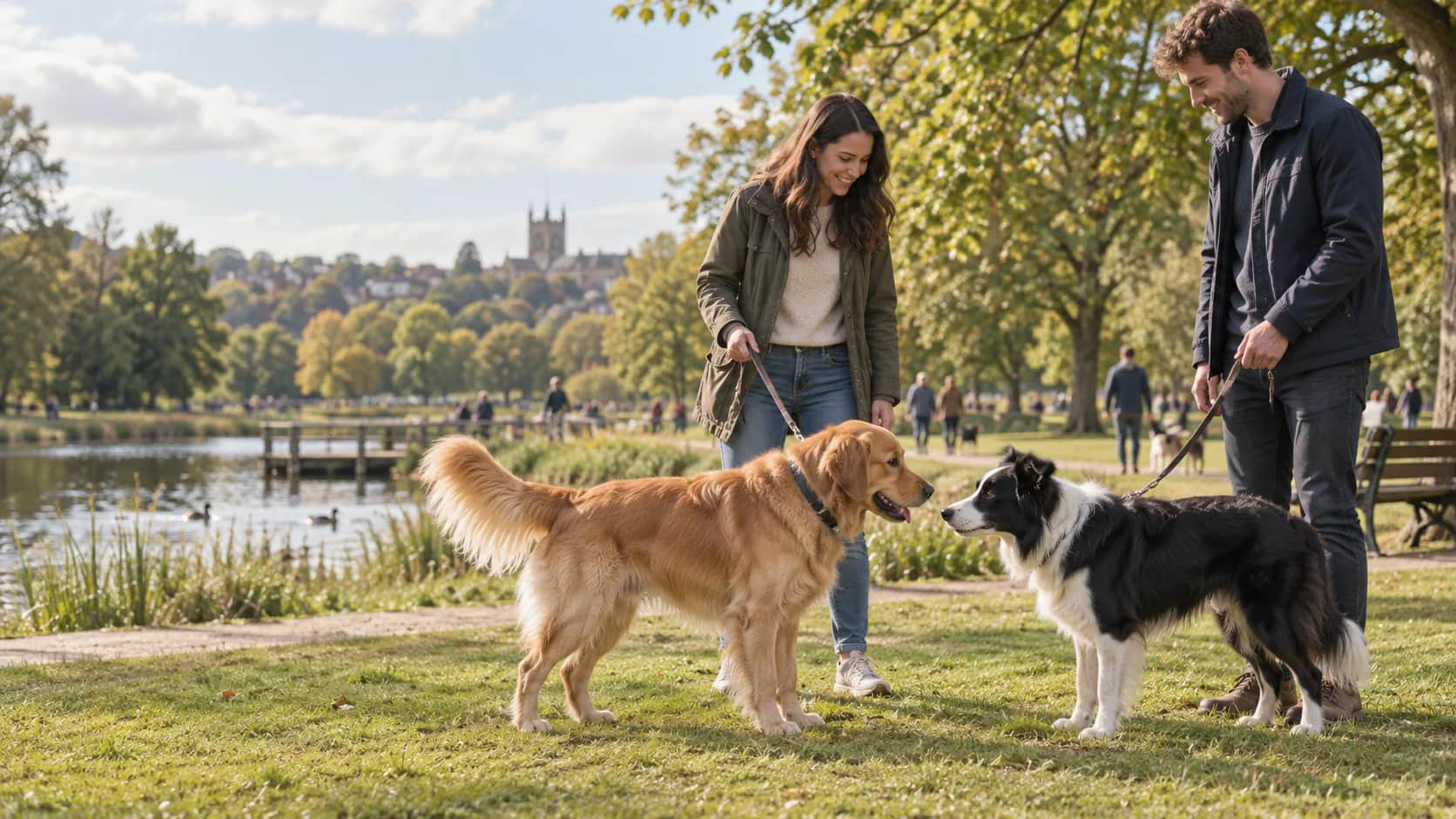 Two dog owners introducing a golden retriever and border collie in a public park