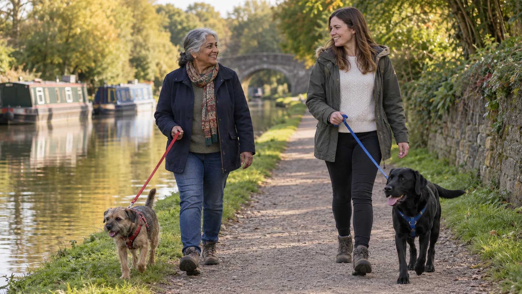 Two local women walking their own dogs beside a canal