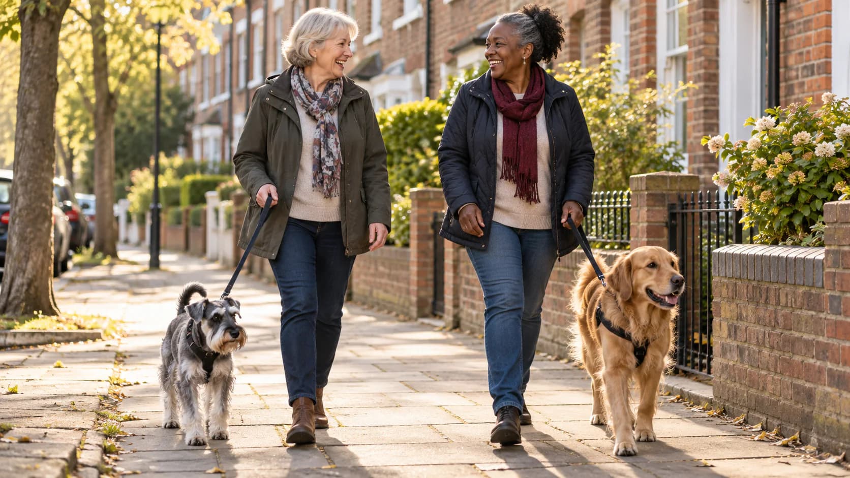 Two neighbours walking their own dogs through a British neighbourhood