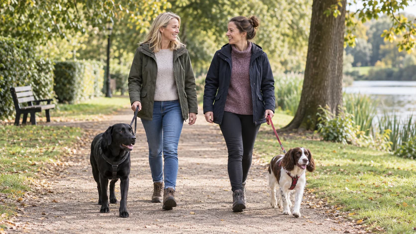 Two local dog owners walking their dogs together