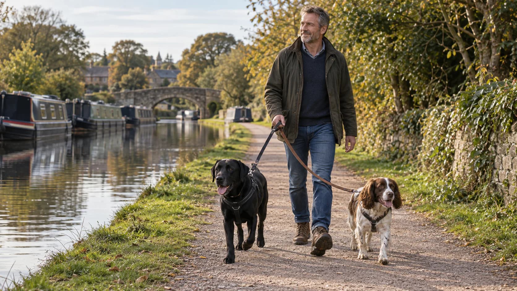 A local man walking his two dogs beside a canal
