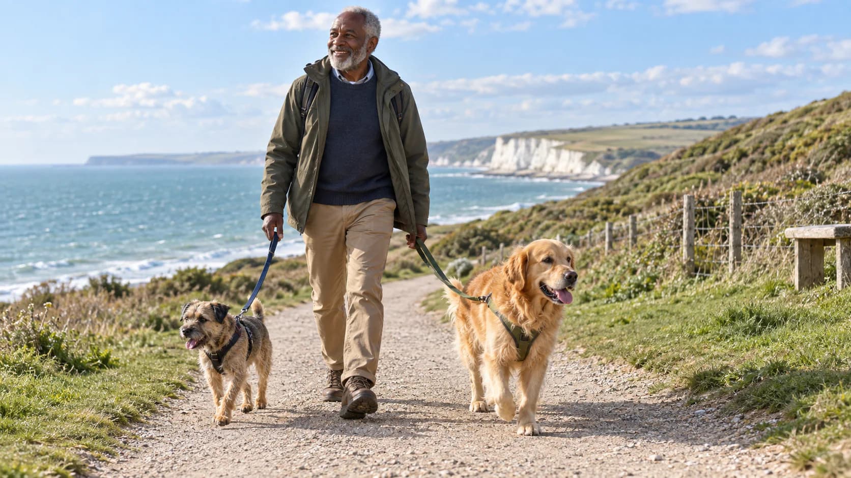 A local dog owner walking two dogs