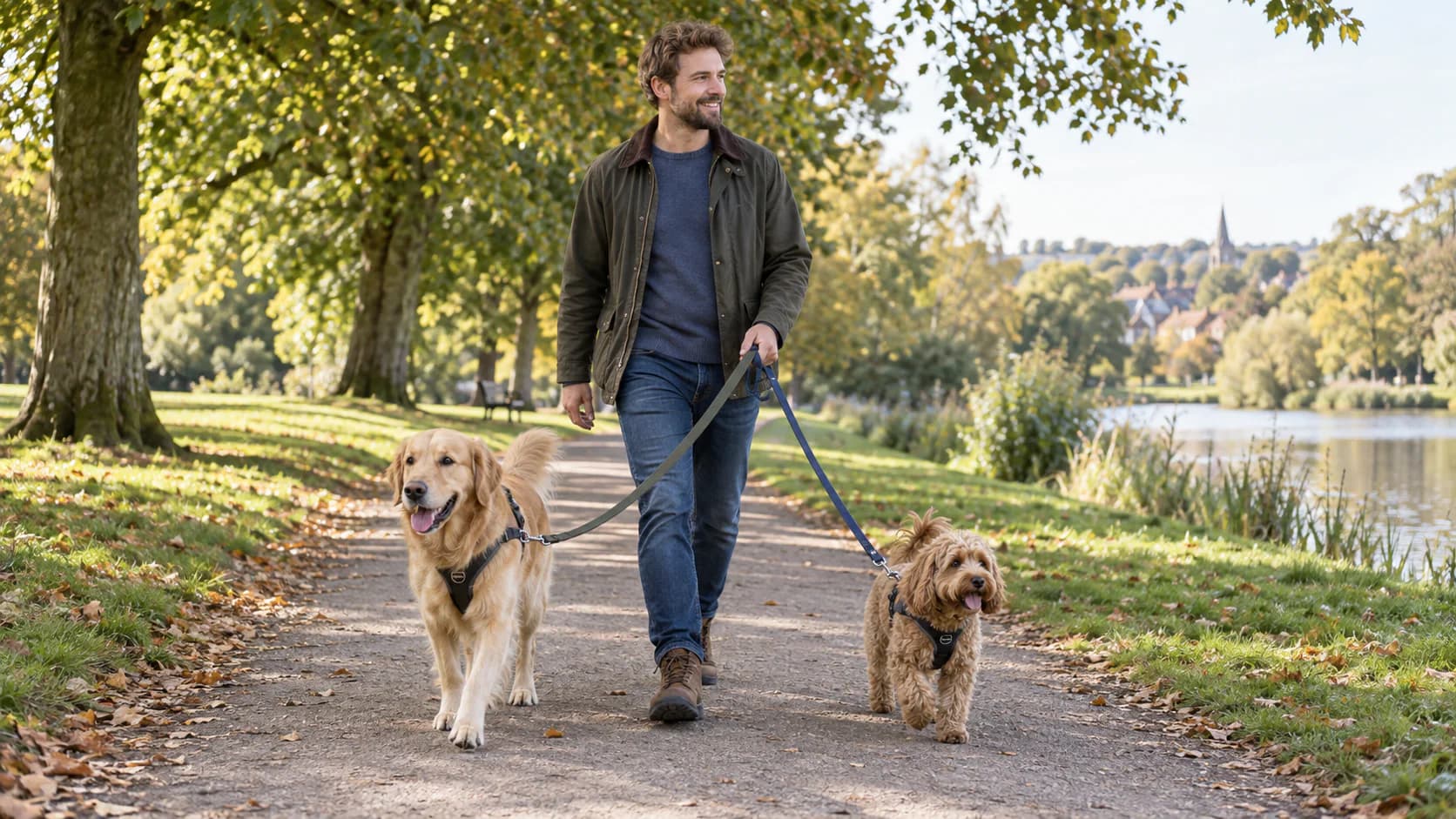 A trusted local carer walking two familiar dogs